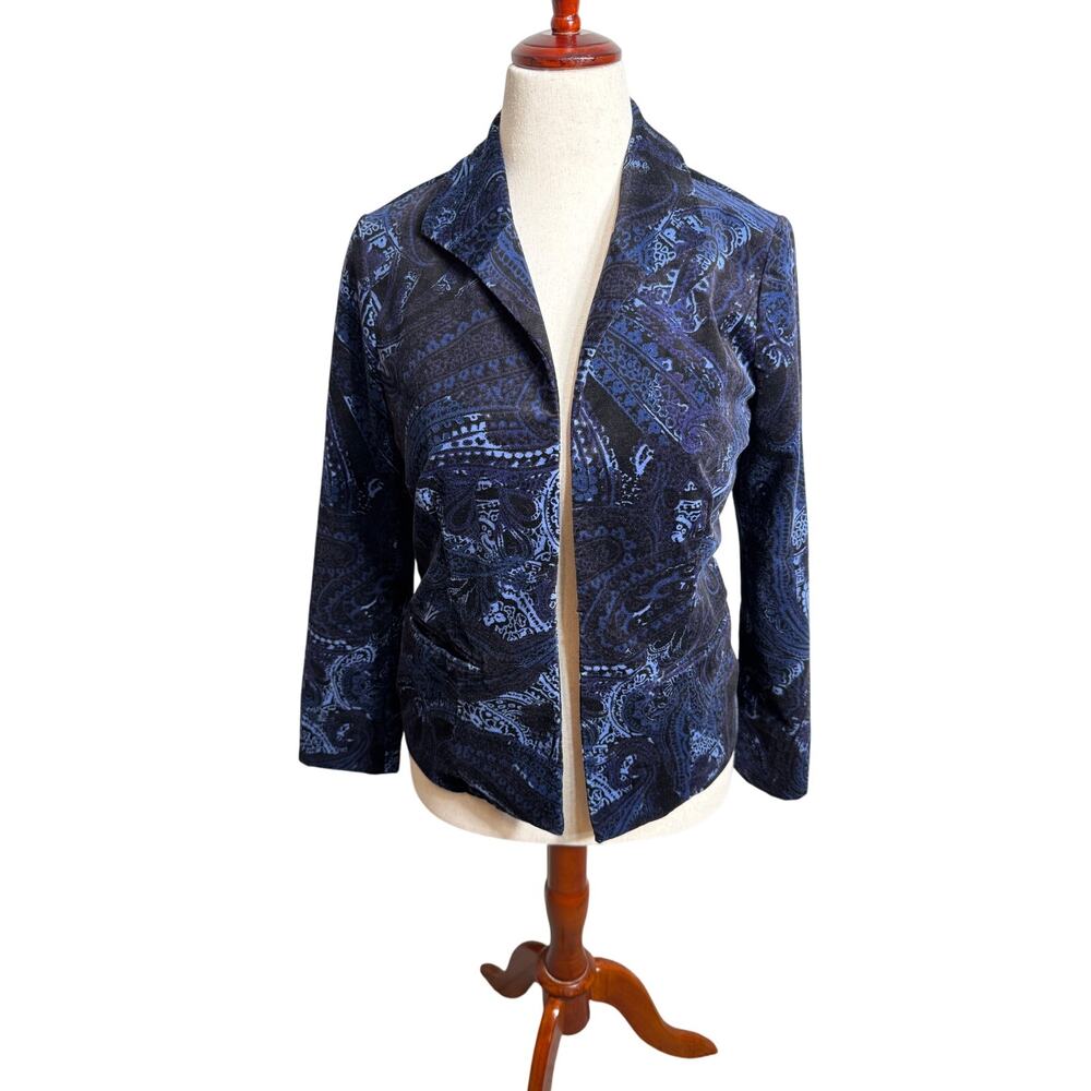 Chico's velvet jacket blazer blue paisley lined open front lapel  Sz 0 US S